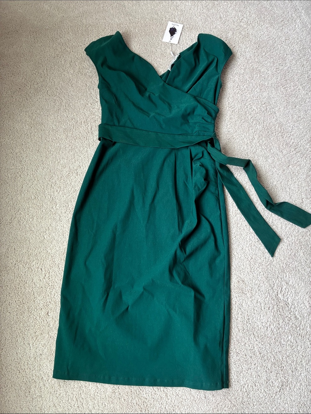 Women’s Emerald Green Wrap Waist Sheath Dress pencil midi fitted v neck size M